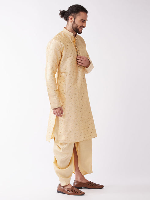 Vastramay Men's Gold Zari Weaved Kurta Dhoti Set